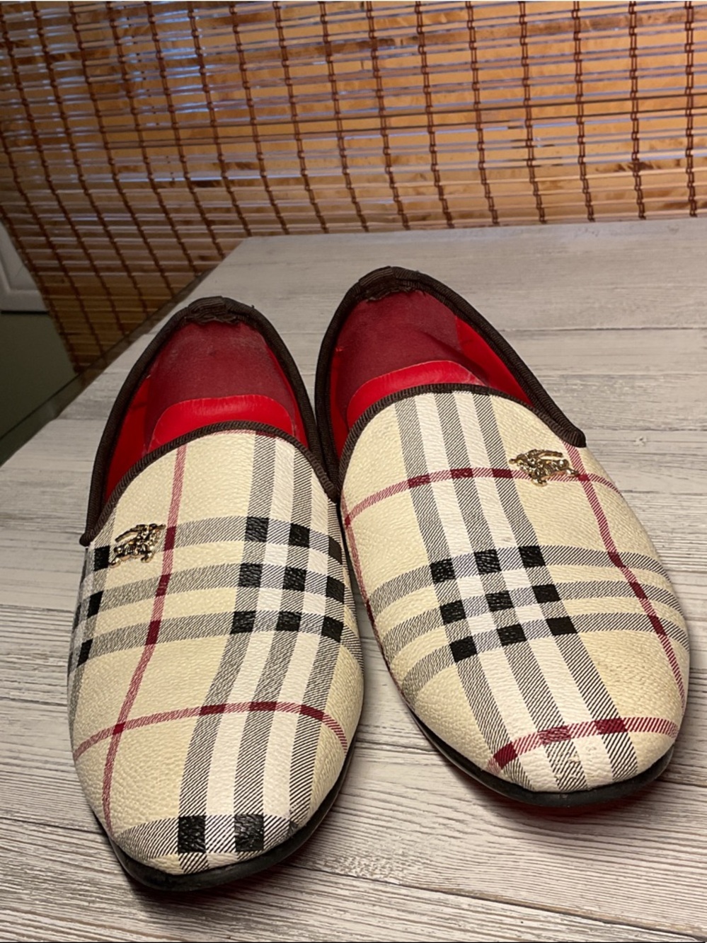 Burberry Cream Plaid Slip-On Loafers with Red Interior size 39, women US9-9.5